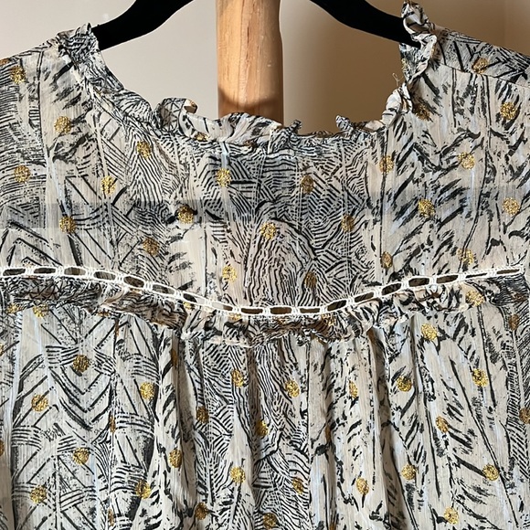 VICI M Light blue/black/cream w/gold thread polkadots.Ruffles on collar/sleeves. - Picture 7 of 7